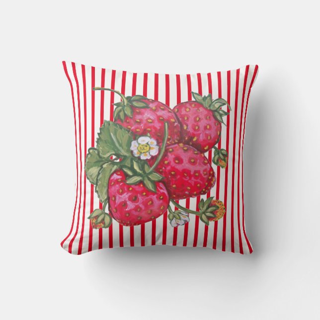 Fresh Strawberry Red White Stripe Summer Decor Cushion (Front)