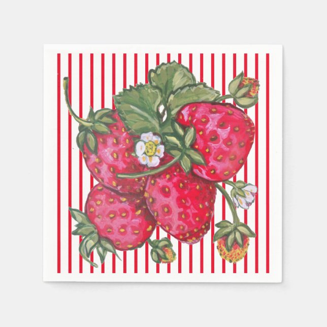 Fresh Strawberry Red White Stripe Summer Dessert Napkin (Front)