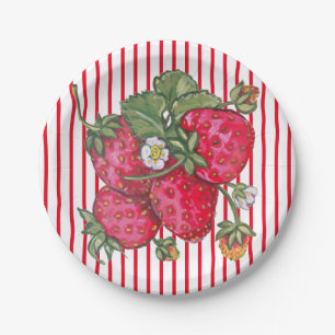 Fresh Strawberry Red White Stripe Summer Dessert Paper Plate