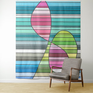 Fresh Striped Abstract Pink & Green Curved Shapes Tapestry