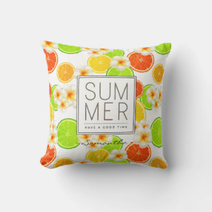 Fresh Summer Fruits and Exotic Plumeria Flowers Cushion