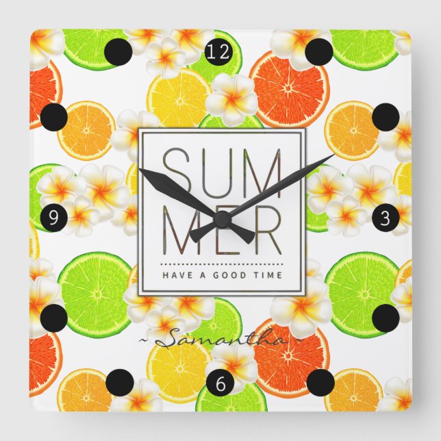 Fresh Summer Fruits and Exotic Plumeria Flowers Square Wall Clock (Front)