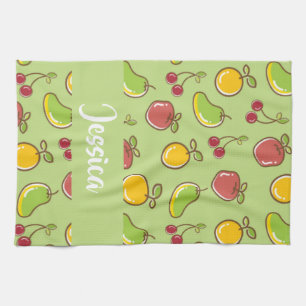 Fresh summer fruits green pattern tea towel