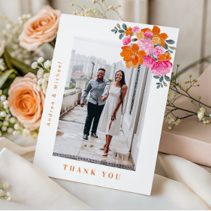 Fresh Summer Pink & Orange Floral Photo Wedding Thank You Card