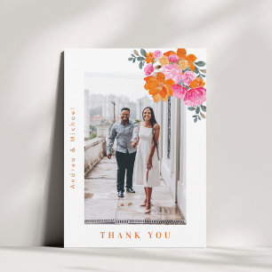 Fresh Summer Pink & Orange Floral Photo Wedding    Thank You Card