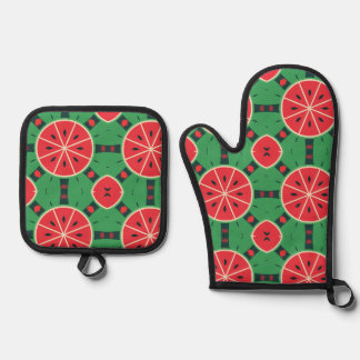 Fresh Summer Watermelon Slices Pattern Kitchen Oven Mitt & Pot Holder Set