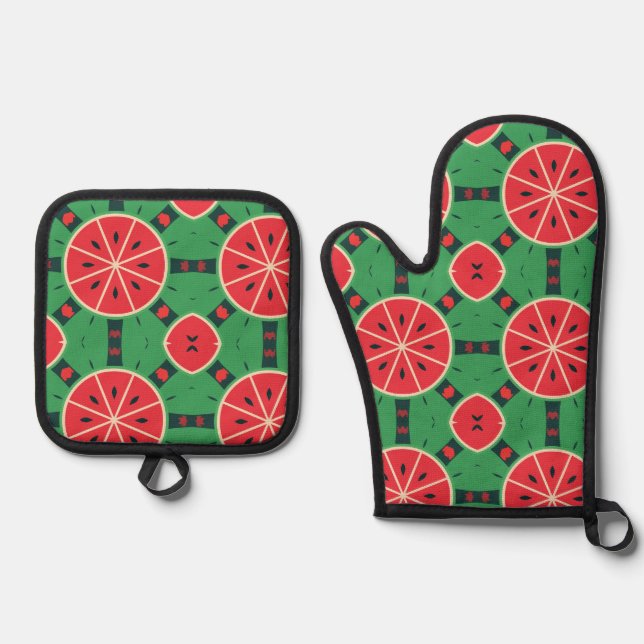 Fresh Summer Watermelon Slices Pattern Kitchen  Oven Mitt & Pot Holder Set (Front)