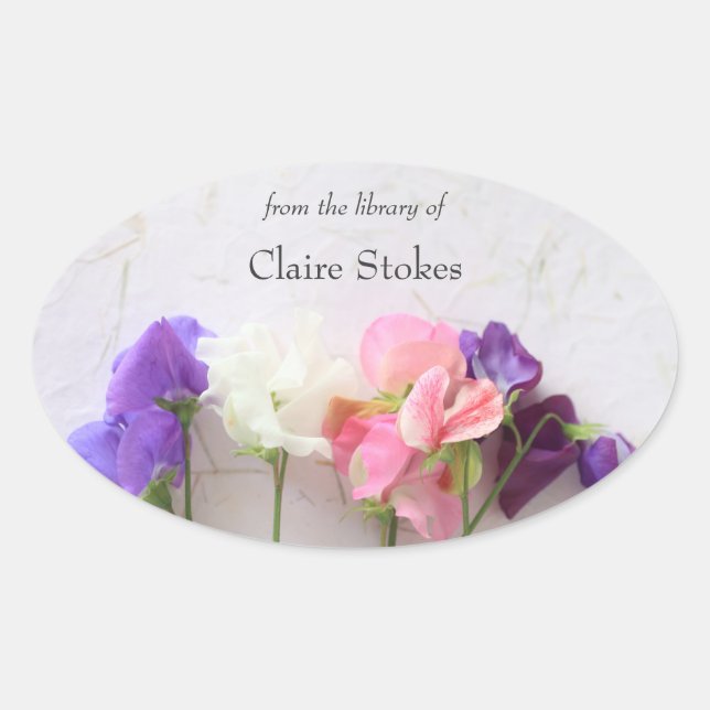 Fresh sweet peas bookplate oval sticker (Front)
