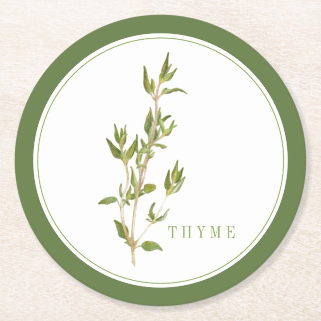FRESH THYME Round Paper Coasters (+text) Green (Front)