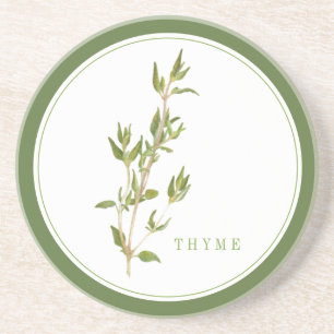 FRESH THYME Round Sandstone Coaster (+text) Green