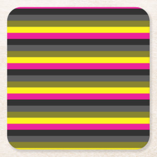 fresh trendy neon yellow pink back grey striped square paper coaster