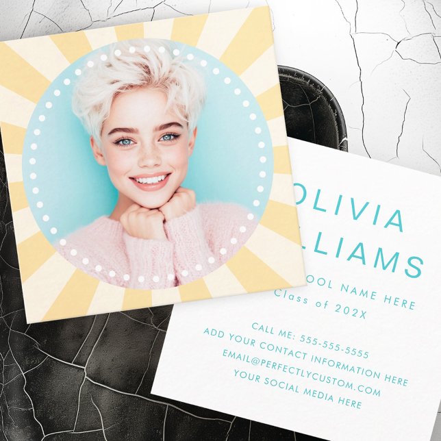 Fresh trendy sunburst student graduation photo square business card (Fresh trendy sunburst student graduation photo square business card)