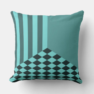 Fresh Turquoise Stripes Diamond Checkers Cushion