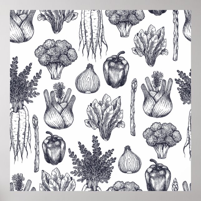 Fresh vegetables seamless pattern. Broccoli, carro Poster (Front)