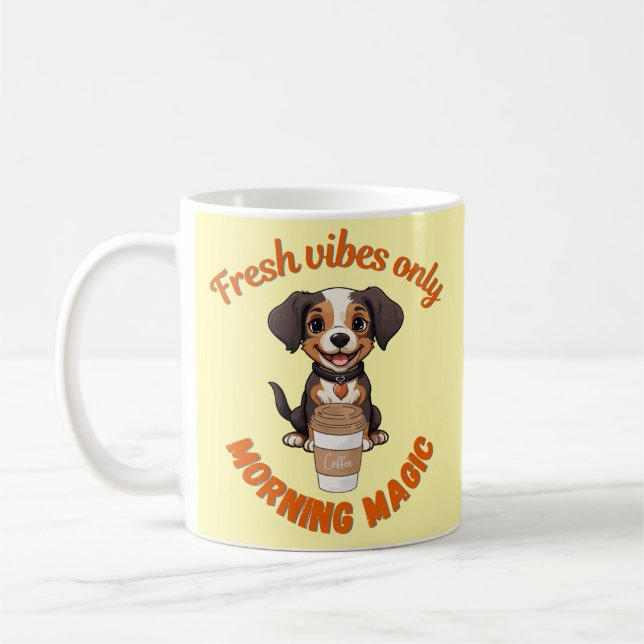 Fresh Vibes & Coffee Playful Puppy Digital Artwor Coffee Mug (Left)