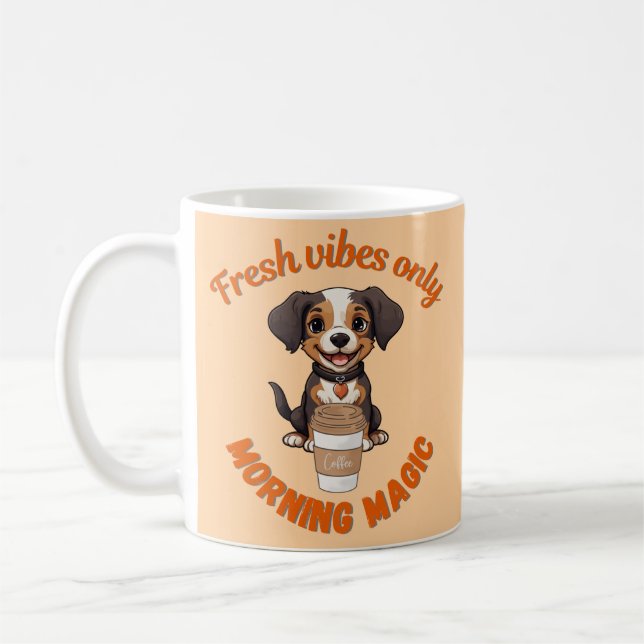 Fresh Vibes & Coffee Playful Puppy Digital Artwor Coffee Mug (Left)