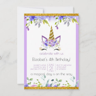 Fresh Violet   Adorned Gold Unicorn Birthday Party Invitation