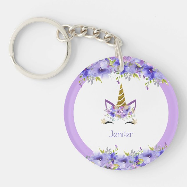 Fresh Violet Unicorn Birthday Decorations Key Ring (Front)