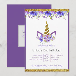 Fresh Violet   Unicorn girl Birthday Invitation