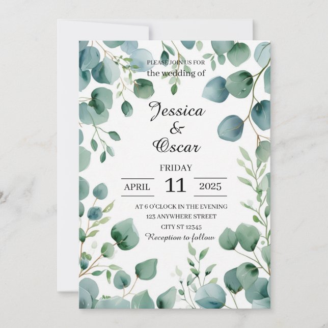 Fresh Watercolor Eucalyptus Design Wedding Invitation (Front)