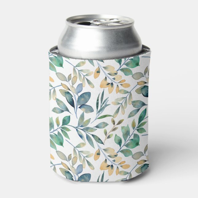 Fresh Watercolor Green and Yellow Leaf Pattern Can Cooler (Can Front)