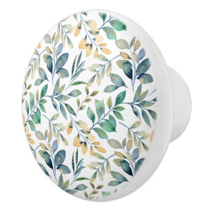 Fresh Watercolor Green and Yellow Leaf Pattern Ceramic Knob