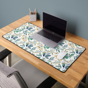 Fresh Watercolor Green and Yellow Leaf Pattern Desk Mat