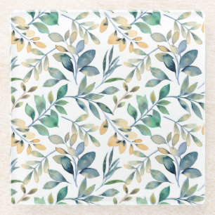 Fresh Watercolor Green and Yellow Leaf Pattern Glass Coaster