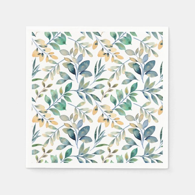 Fresh Watercolor Green and Yellow Leaf Pattern Napkin (Front)