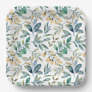 Fresh Watercolor Green and Yellow Leaf Pattern Paper Plate