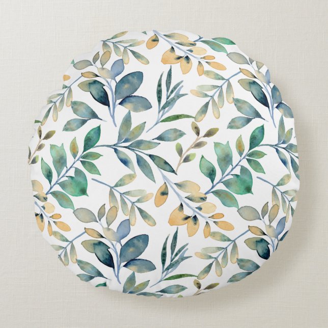 Fresh Watercolor Green and Yellow Leaf Pattern Round Cushion (Front)