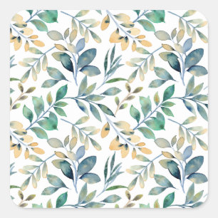 Fresh Watercolor Green and Yellow Leaf Pattern Square Sticker