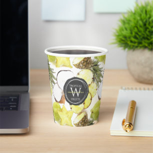 Fresh Watercolor Tropical Fruits Monogram Pattern Paper Cups