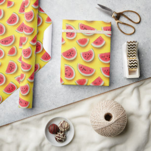 Fresh Watermelon Slices Pattern on Yellow Wrapping Paper