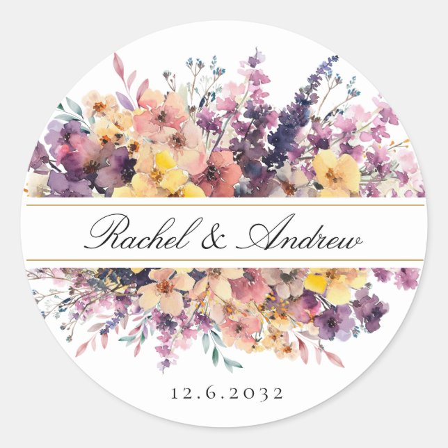 Fresh, wildflower bouquet, handwriting, wedding classic round sticker (Front)