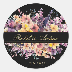 Fresh, wildflower bouquet, handwriting, wedding classic round sticker