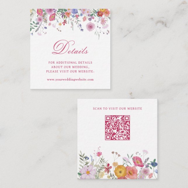 Fresh Wildflowers Wedding Details Website QR Code Enclosure Card (Front/Back)