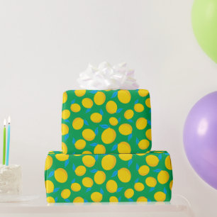 Fresh Yellow Lemon Vibrant Green Seamless Birthday Wrapping Paper