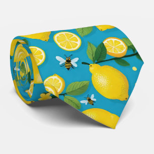 Fresh Yellow Lemons And Busy Bees Bright Tuquoise Tie