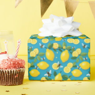 Fresh Yellow Lemons And Busy Bees Turquoise Blue Wrapping Paper