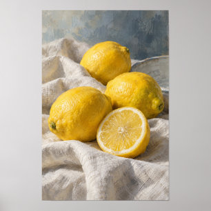 Fresh Yellow Lemons on Linen – Minimalist Citrus K Poster