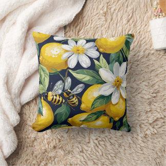 Fresh Yellow Lemons With Busy Bees & White Blooms Cushion