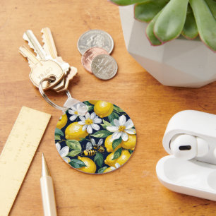 Fresh Yellow Lemons With Busy Bees & White Blooms Key Ring