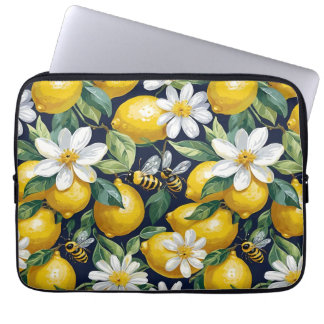 Fresh Yellow Lemons With Busy Bees & White Blooms Laptop Sleeve