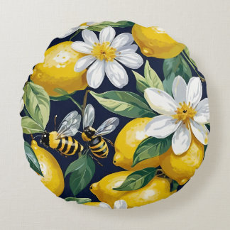 Fresh Yellow Lemons With Busy Bees & White Blooms Round Cushion