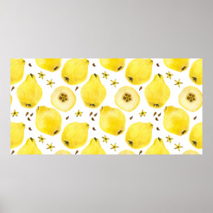 Fresh yellow quince fruits, watercolor seamless pa poster