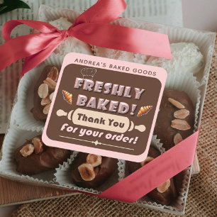Freshly Baked Brown and Pink Bakery Thank You Cute Square Sticker