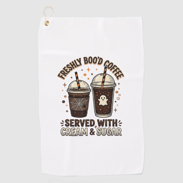 Freshly Bood Coffee Halloween Ghost Cup Golf Towel (Front)