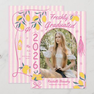 Freshly Graduate Lemon Citrus Pink Stripes Grad Invitation