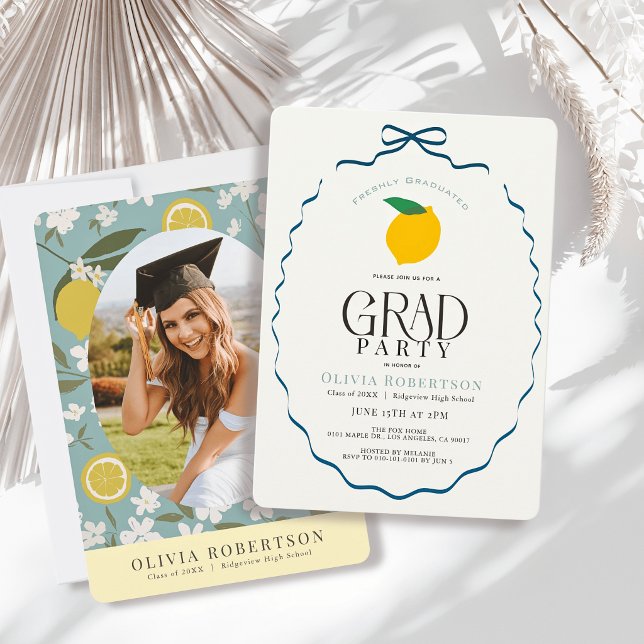 Freshly Graduated Blue Bow Lemon Photo Graduation Invitation (Creator Uploaded)